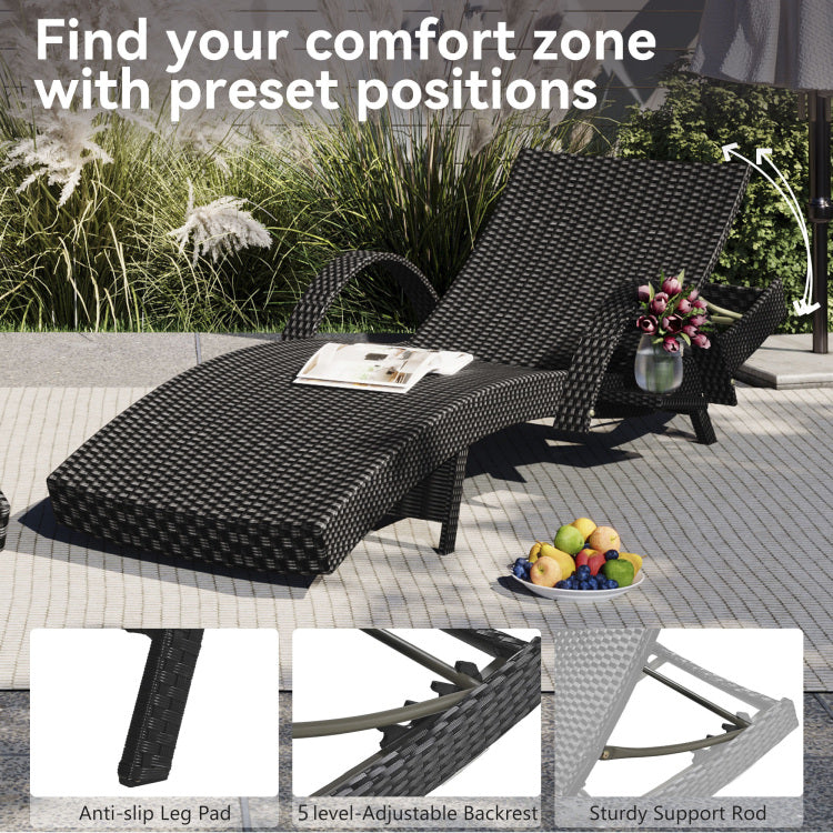 K&K 80'' Outdoor Wicker Chaise Lounge Chairs Set Of 2, Patio Rattan Reclining Chair Pull Out Side Table W 5 Level Adjustable Backrest Ergonomic Wave Design Pool Sunbathing Recliners, Black