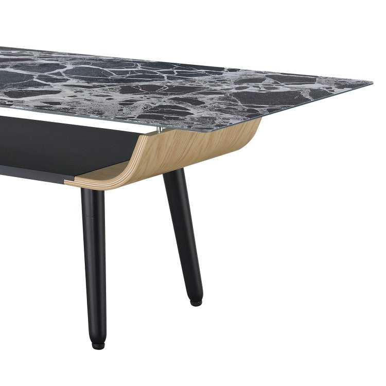 Lorenzo 47"W Coffee Table With Glass Black Marble Texture Top And Bent Wood Design