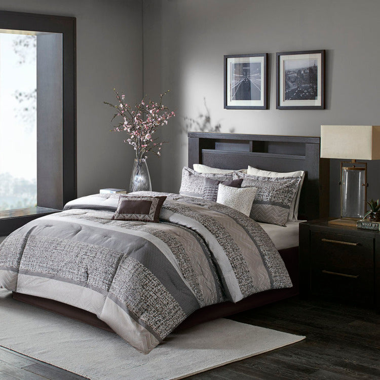 7 Piece Jacquard Comforter Set Grey Taupe Queen
