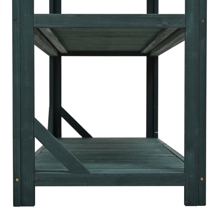 65" Large Wooden Farmhouse Rustic Outdoor Potting Bench Table, Patio Workstation, Garden Potting Bench With 4 Storage Shelves And Side Hook, Forest Green