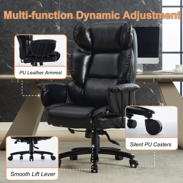 Big And Tall Office Chair 500Lbs, Ergonomic High Back Leather Executive Desk Chair For Heavy People, Wide Seat & Lumbar Support, Clamshell Armrests Black