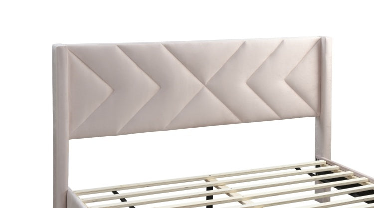 Elegant Modern Full Size Bed Clean Lines Design Headboard 1Pc Light Pink Velvet Upholstered Bedframe