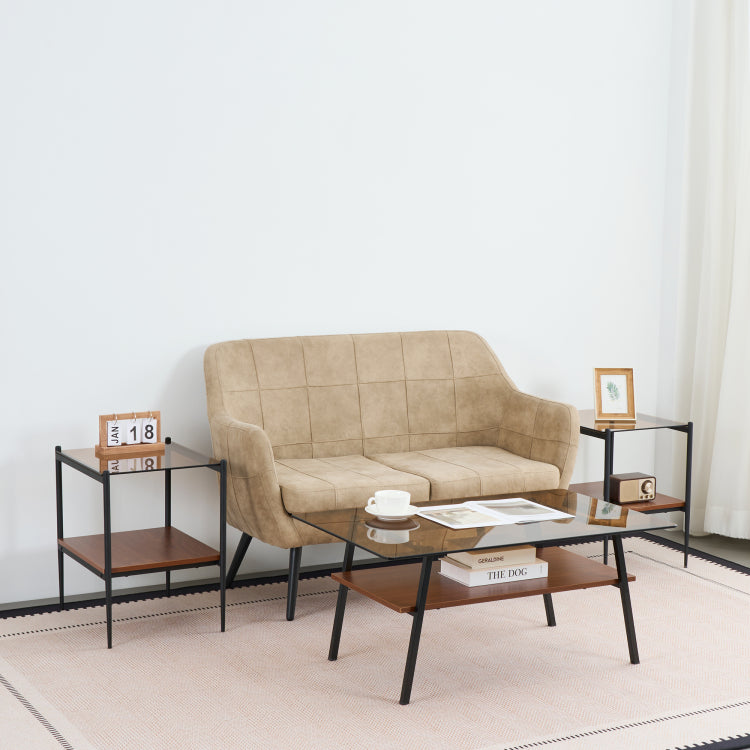 Coffee Table And End Tables Set Of 3, Tempered Glass Table With Mdf Layer, Modern Tables For Living Room , Brown Glass