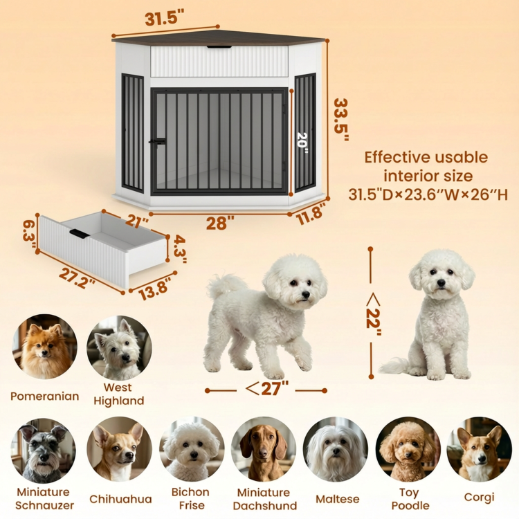 44.6'' Corner Mdf Dog Crate Furniture For Small Medium Dogs, Decorative Dog Kennel End Table With Fluted Drawer Storage, Modern Space Saving Dog Cage Cabinet For Home D Cor Indoor White