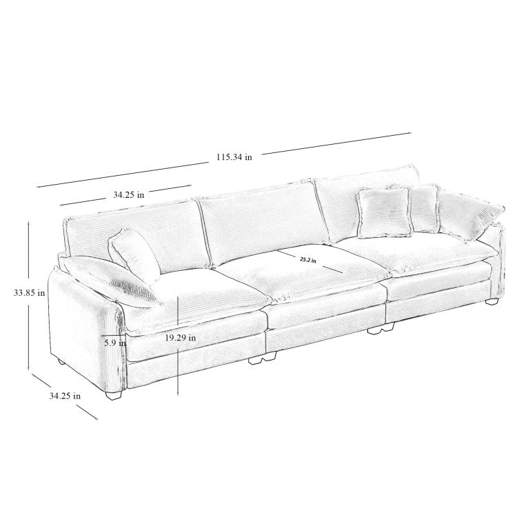 Mid Century Modern 3 Seater Sectional Sofa With 2 Arm Pillows And 3 Throw Pillows, Beige Corduroy Fabric