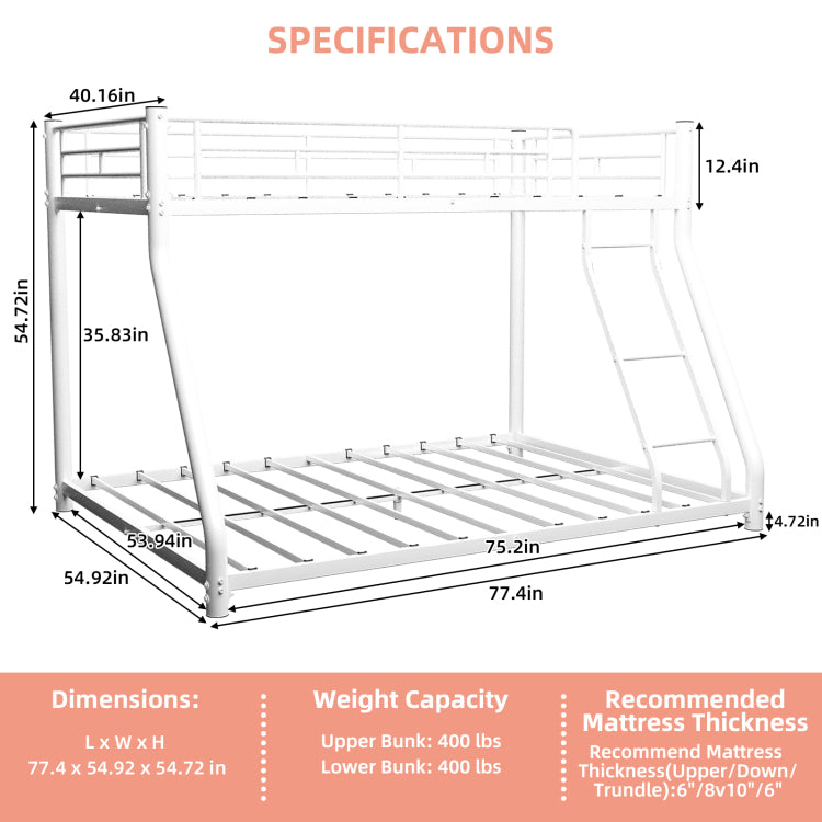 Metal Bunk Bed Twin Over Full Size With Removable Stairs, Heavy Duty Sturdy Frame With 12" Under Bed Storage For Teen & Adults, Teens, No Box Spring Needed, White