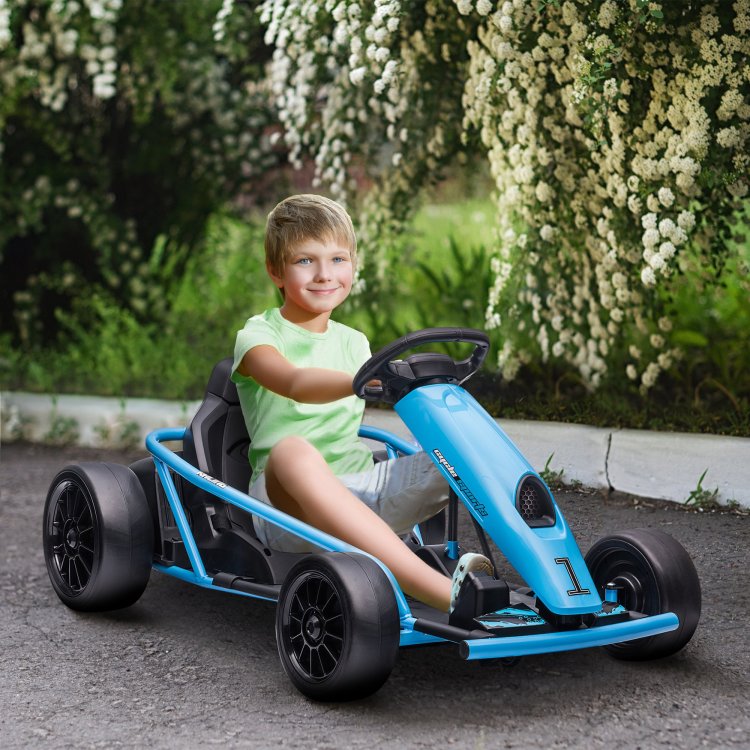 Aosom 24V 8.1 Mph Electric Go Kart, Drifting Car Battery Powered Ride On Toy Outdoor With Slow Start, Music, Horn Honking And Safety Belt, For 8 12 Years Old, Blue