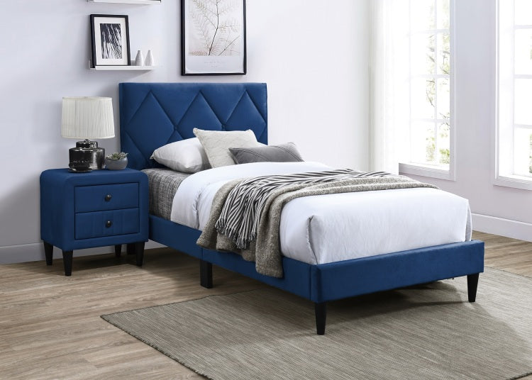 Twin Size Bed W Adjustable Headboard 1Pc Bedframe, Navy Blue Velvet Upholstered Youth Bedroom Furniture