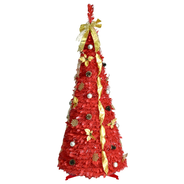 6Ft Red Pop Up Christmas Tree With 150 Warm White Led Lights, Ornaments Included 4 Ribbons, Bow, Flowers, Snowflakes, Pine Cones & Balls Easy Assembly & Space Saving Holiday D Cor
