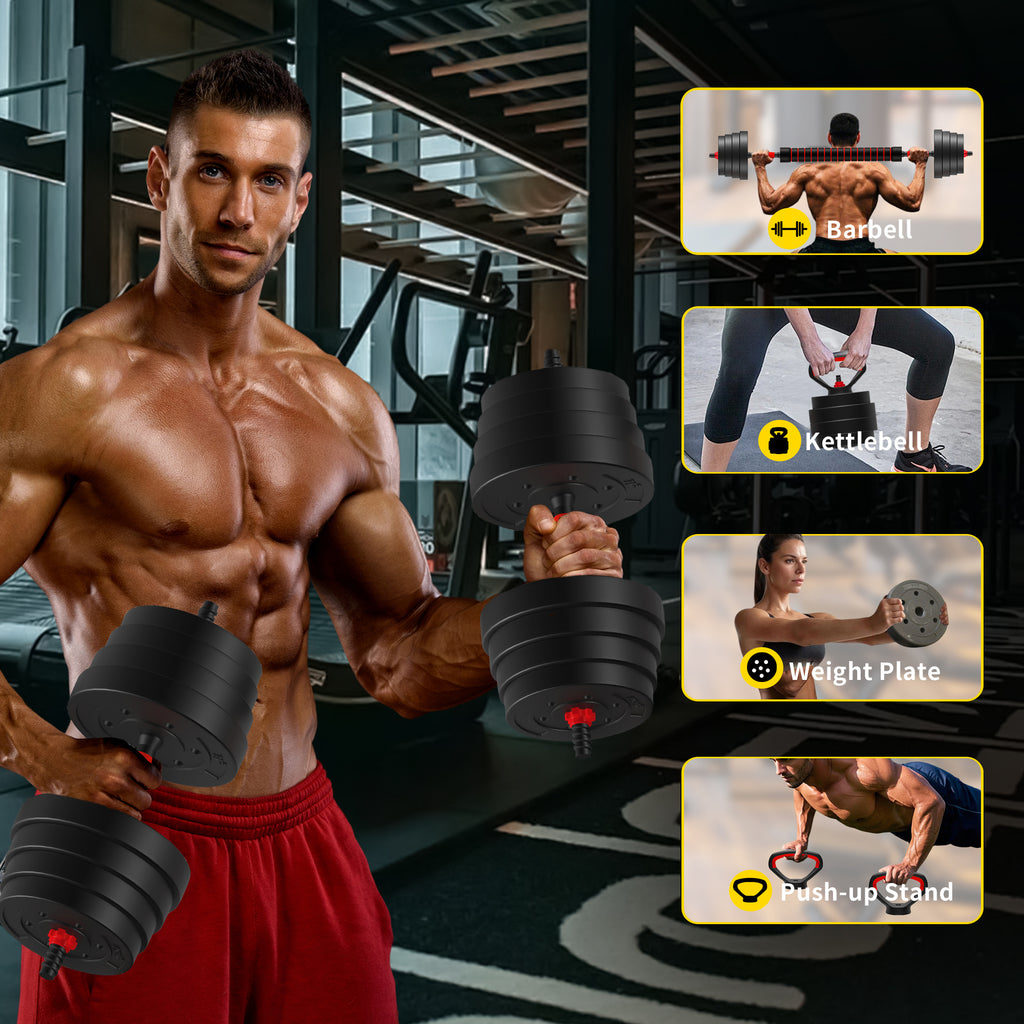 90Lb 4 In 1 Adjustable Dumbbell Set Converts To Barbell, Kettlebell & Push Up Stands W Interchangeable Plates & Non Slip Grips