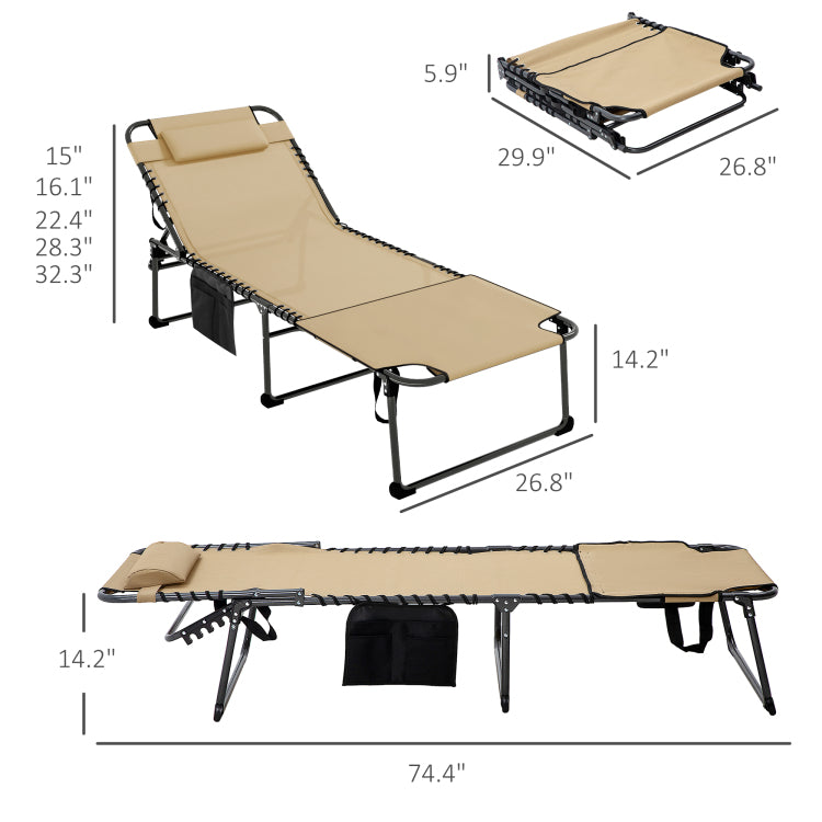 Outsunny Folding Chaise Lounge With 5 Level Reclining Back, Outdoor Tanning Chair With Reading Face Hole, Outdoor Lounge Chair With Side Pocket & Headrest For Beach, Yard, Patio, Beige