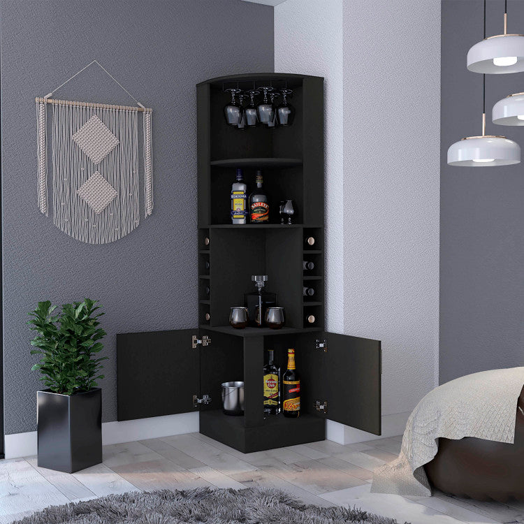 Corner Bar Cabinet, Double Door Cabinet, Glass Rack, Eight Built In Wine Rack, Black