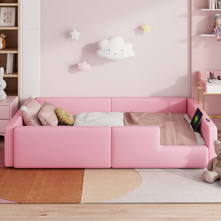 Twin Size Upholstered Platform Bed With Guardrail And Charging Station, Pink