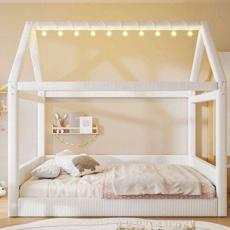 Full Size Upholstered House Daybed With Led Light Strips,Beige