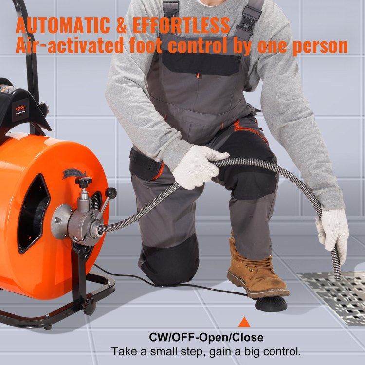 Drain Cleaning Machine 100Ft X 3 4 Inch, Sewer Snake Machine Auto Feed, Drain Auger Cleaner With 4 Cutter & Air Activated Foot Switch For 1" To 4" Pipes