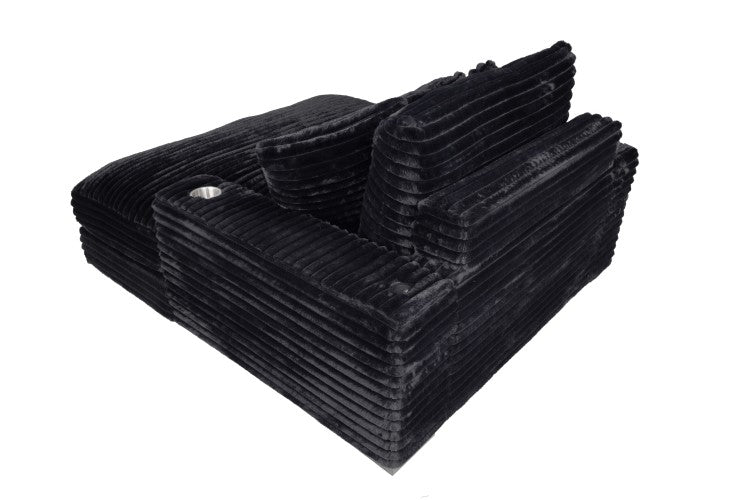 Modern Chaise Lounge W 2 Cup Holders Usb Ports Black Corduroy Wooden Legs Pillows Plush Couch Sofa Chaise