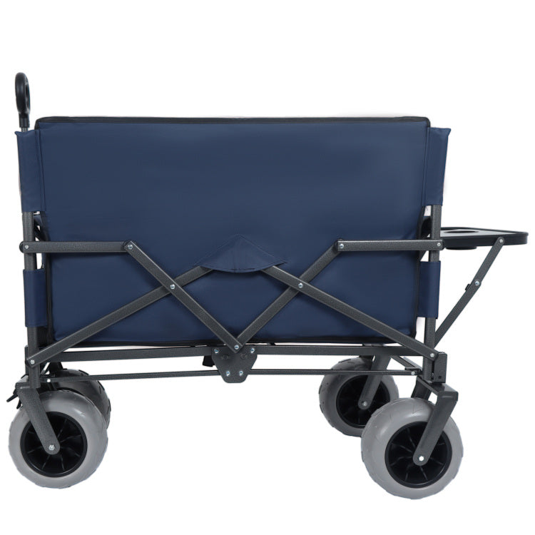 3 In 1 Folding Wagon With Bench Seat & Rear Mounted Folding Tabletop 500Lbs Capacity, 9"X4" Beach Tires For Camping, Beach, Dark Blue