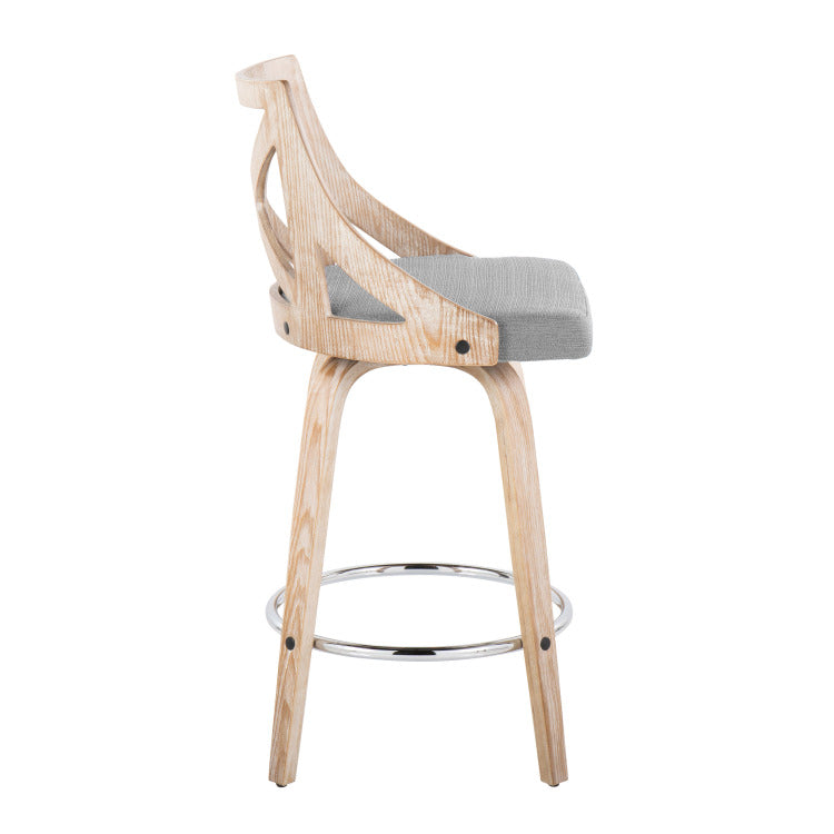 26" Fixed Height Counter Stool With Swivel In White Washed Wood, Light Grey Fabric With Round Chrome Metal Footrest Set Of 2