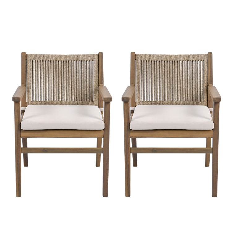 Outdoor Dining Chairs Set Of 2, Acacia Wood Patio Armchair With Rope Design Back And Water Repellent Cushion, Light Brown, 400Lbs Weight Capacity