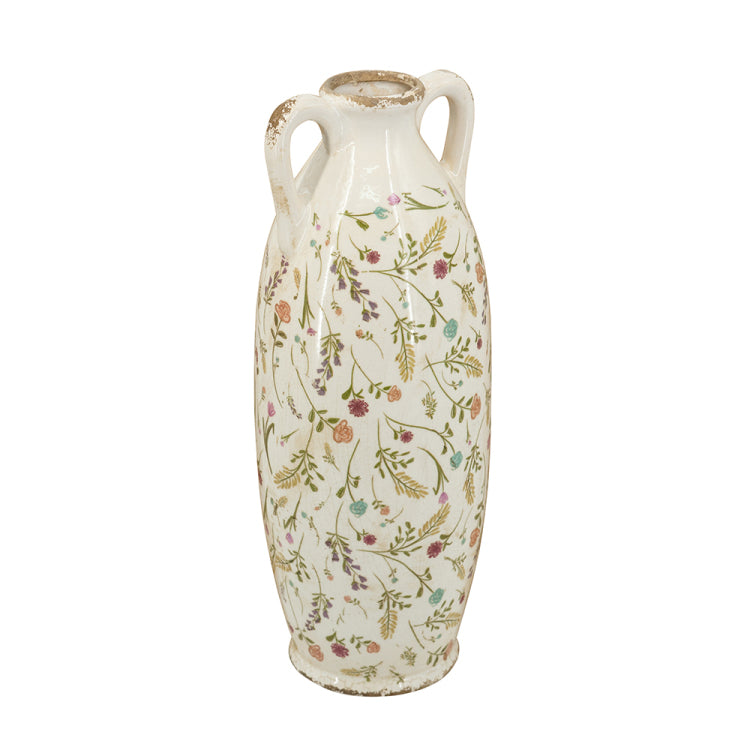 5.9X5.9X15.6" Decorative Ceramic Amphora Vase With Multi Colored Floral Motifs