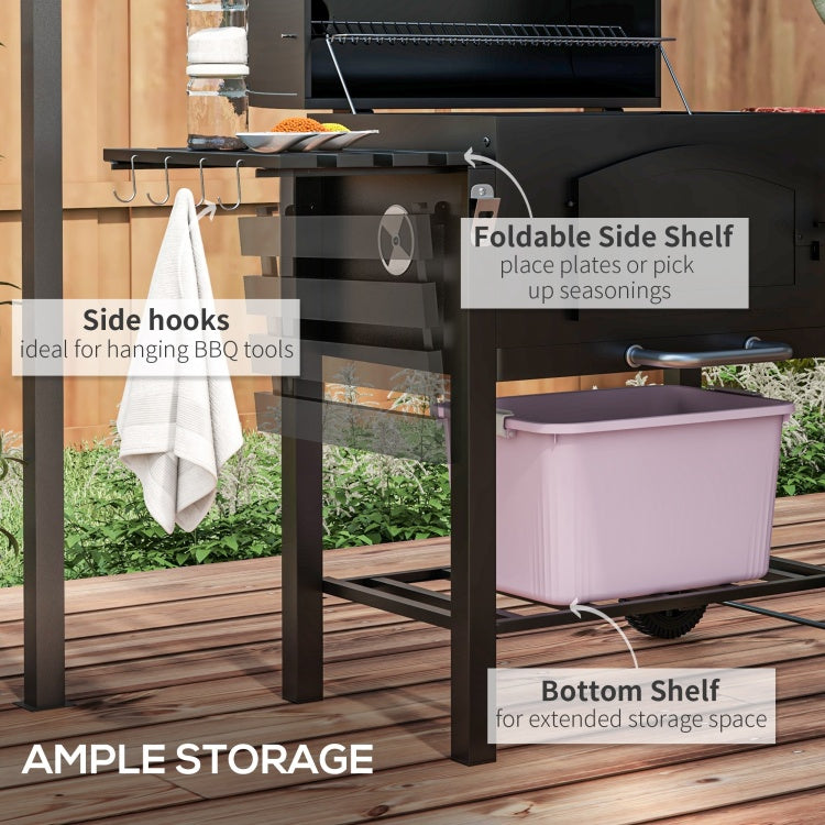 Outsunny Charcoal Grill, Bbq With Adjustable Height, Portable Barbecue With Folding Shelves, Thermometer, Bottle Opener & Wheels For Outdoor Camping, Picnic, Patio, Backyard, Black