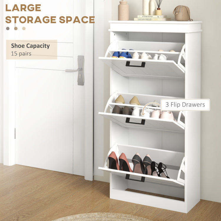 Homcom Shoe Cabinet For Entryway, Narrow Shoe Rack Storage Organizer With 3 Flip Drawers And Adjustable Shelves For 15 Pairs Of Shoes, White