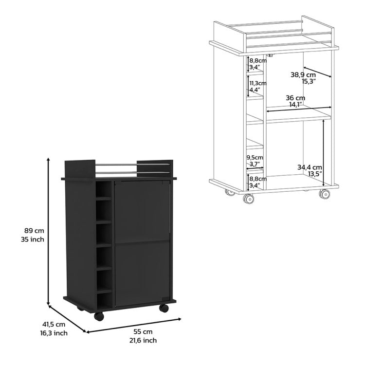 Bar Cart, Glass Door, Four Casters, Two Shelves, Black