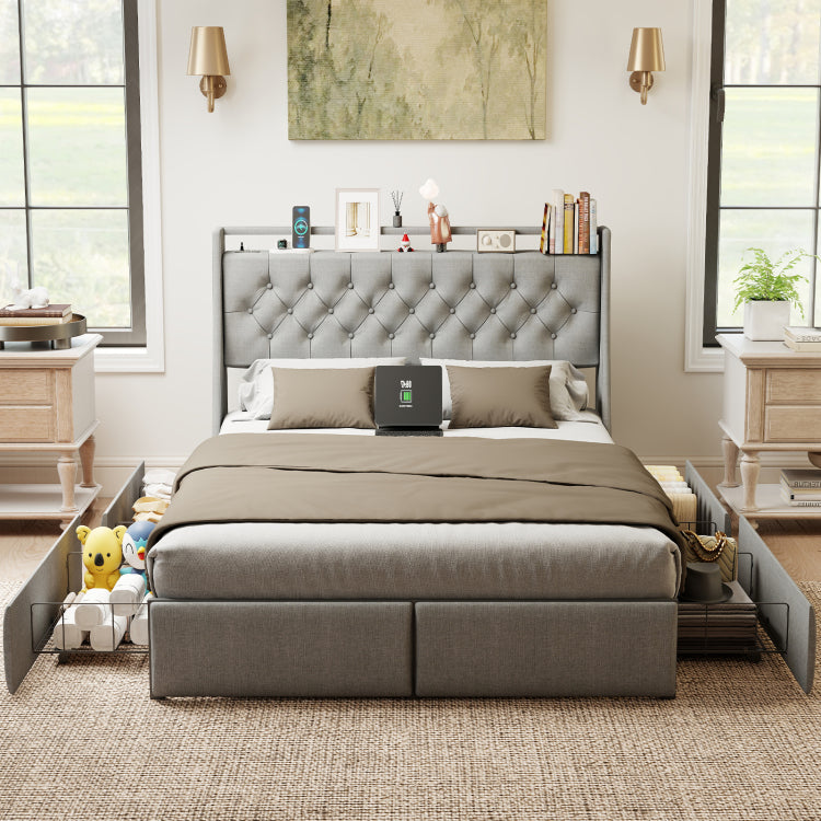 Queen Metal Platform Bed Frame Grey, Storage Headboard With Rgb Led & Charging Station