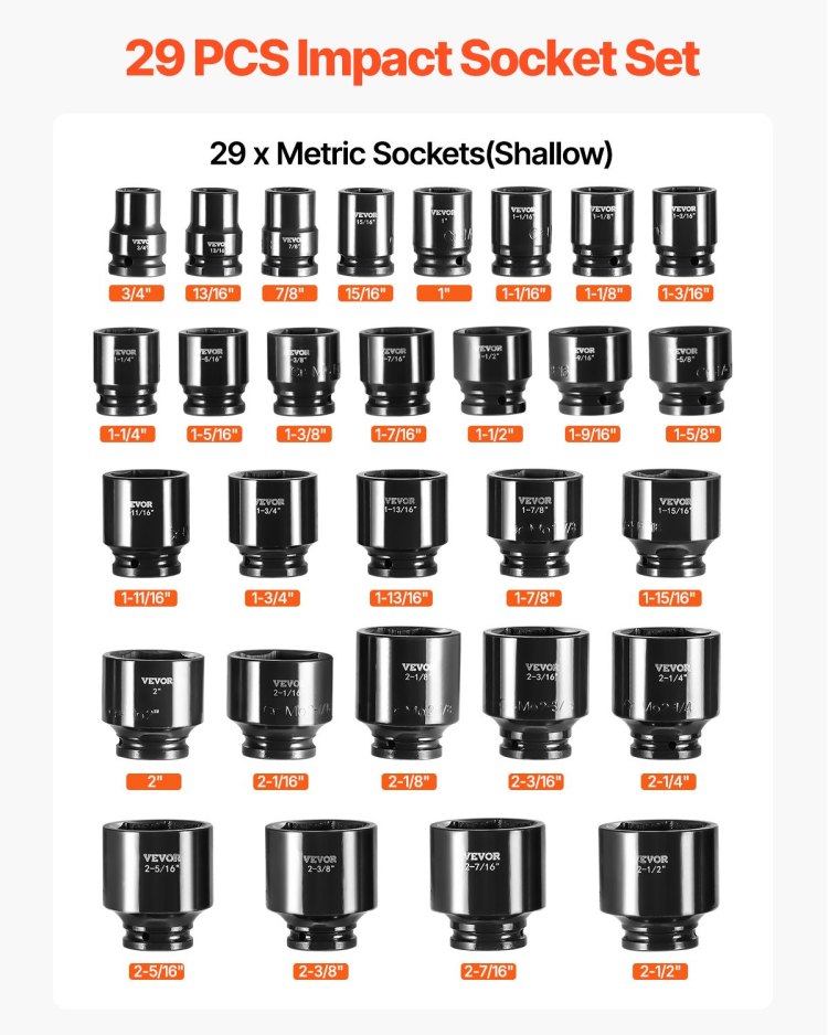 Impact Socket Set 3 4 Inches 29 Piece Impact Sockets, 6 Point Sockets, Rugged Construction, Cr M0, 3 4 Inches Drive Socket Set Impact Sae 3 4 Inch 2 1 2 Inch, With A Storage Cage