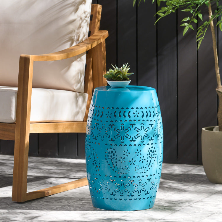 Ruby Side Table, Lace Cut Metal End Table For Outdoor & Indoor Use, Barrel Shape Accent Table With No Assembly Needed For Garden, Patio, Living Room, Backyard Decor,Blue Color