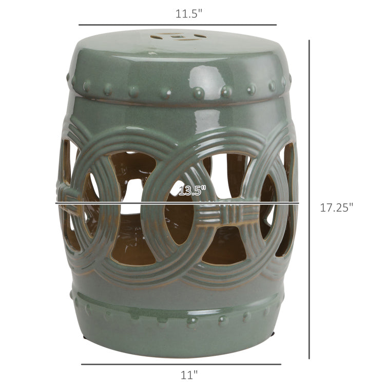 Outsunny 14" X 17" Ceramic Garden Stool With Double Coin Knotted Ring Design & Strong Glazed Material, Decorative End Table, Home Collection, Green