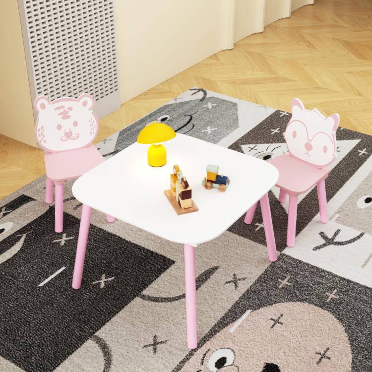 Kids Table And Chair Set, 3 Piece Wooden Toddler Desk With Animal Backrest, Activity Table For Drawing, Learning,Playroom Or Nursery Pink&White