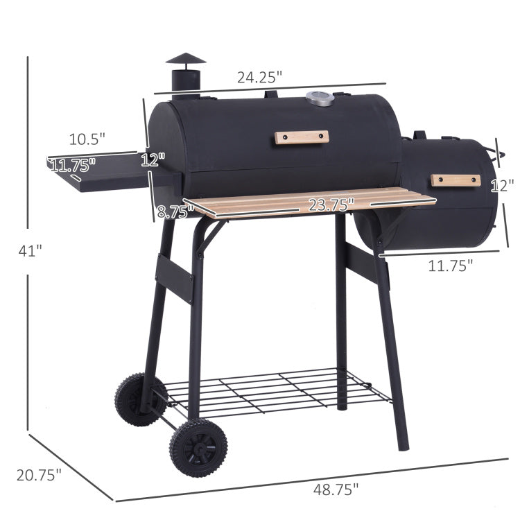 Outsunny 48" Steel Portable Backyard Charcoal Bbq Grill And Offset Smoker Combo With Wheels