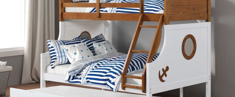Modern Novelty Style Twin Over Full Bunk Bed With Attached Angled Ladder Rails And Lock Joint Structure For Safety Oak Finish Upper Bed White Finish Lower Bed