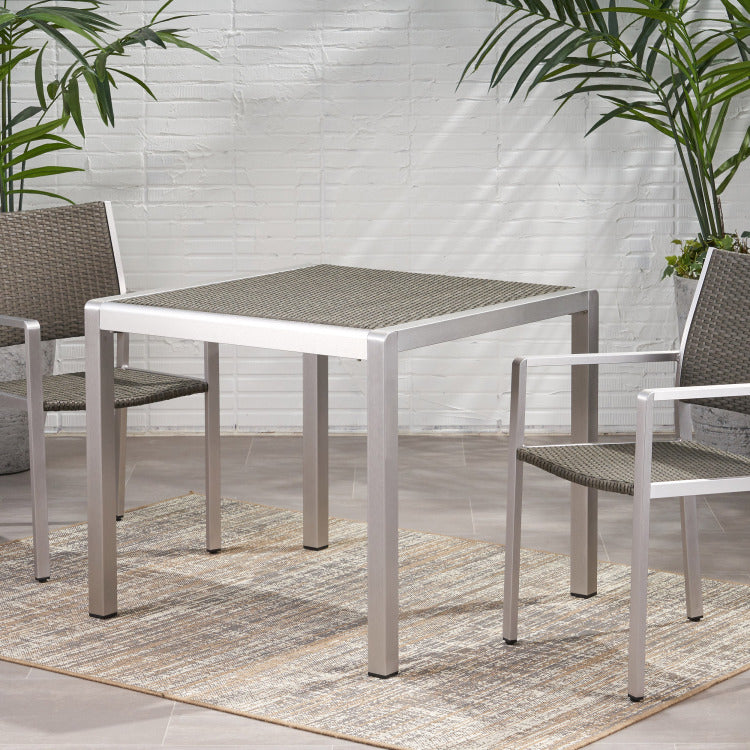 Outdoor Dining Table Anodized Aluminum Wicker Table Top Square Silver And Gray 35"