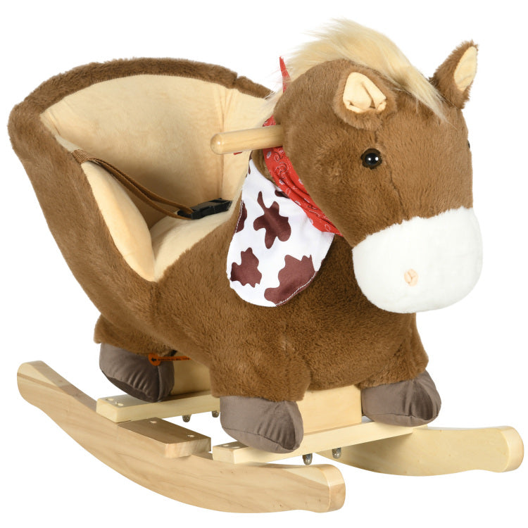 Qaba Baby Rocking Horse, Riding Horse, Plush Animal Rocker With Realistic Sound, Pedals For Ages 18 36 Months, Brown