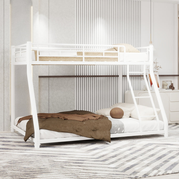 Metal Bunk Bed Twin Over Full Size With Removable Stairs, Heavy Duty Sturdy Frame With 12" Under Bed Storage For Teen & Adults, Teens, No Box Spring Needed, White