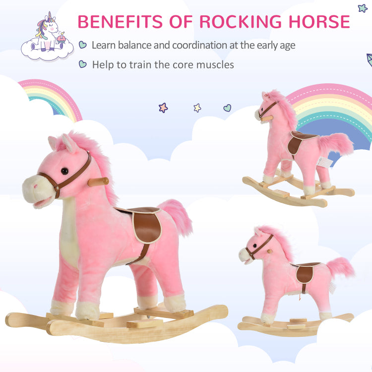 Qaba Rocking Horse Plush Animal On Wooden Rockers, Baby Rocking Chair With Sounds, Moving Mouth, Wagging Tail, Pink