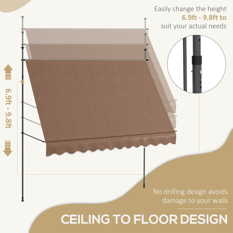 Outsunny Manual Retractable Awning, 118" Non Screw Freestanding Patio Sun Shade Shelter With Support Pole Stand And Uv Resistant Fabric, For Window, Door, Porch, Deck, Coffee
