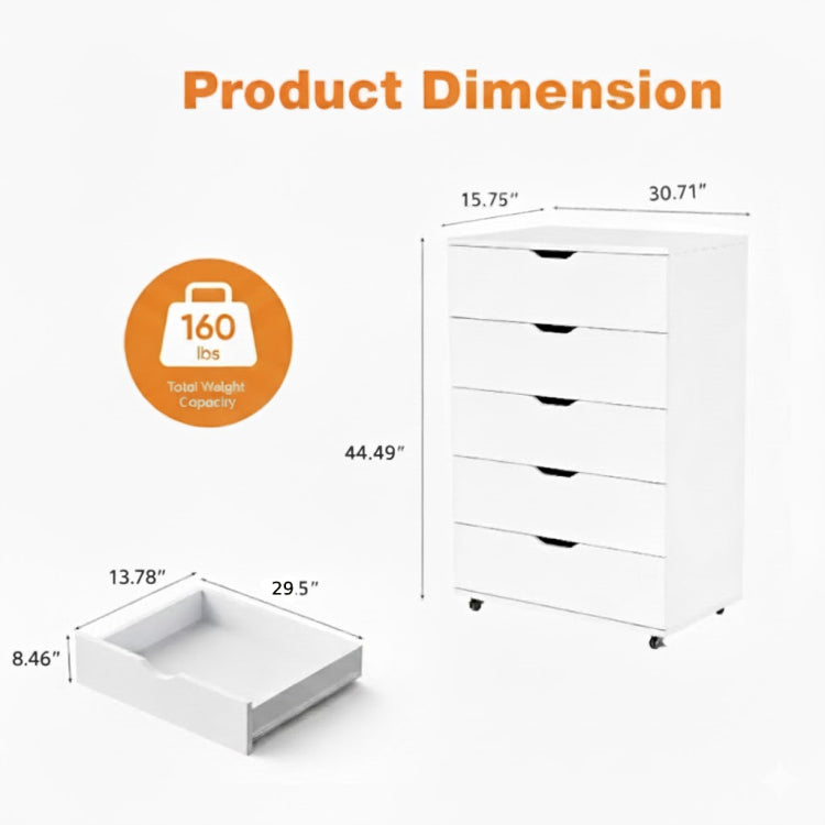 White 5 Drawer Dresser With Wheels Modern Storage Cabinet