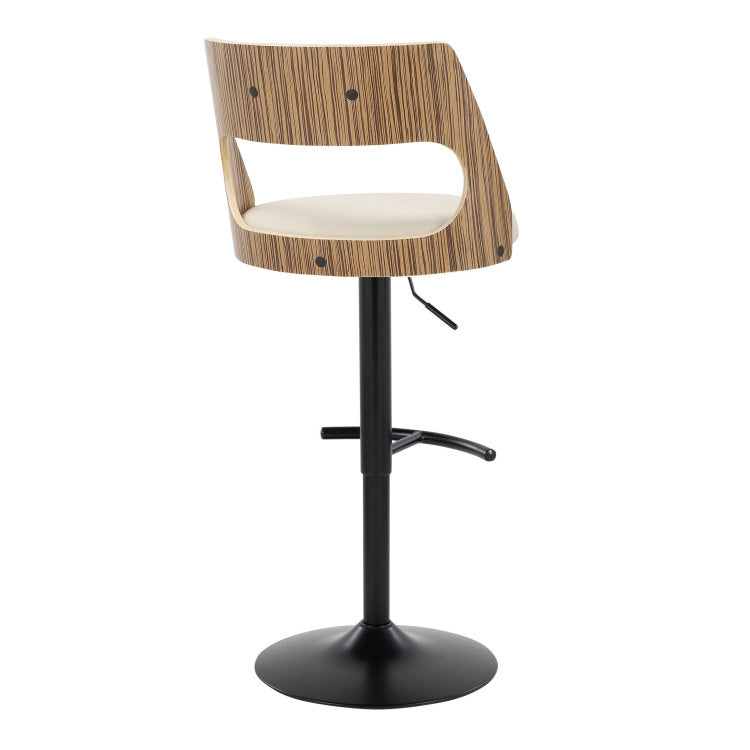 Contemporary Adjustable Barstool With Swivel In Black Metal, Zebra Wood And Cream Faux Leather With Rounded T Footrest Set Of 2