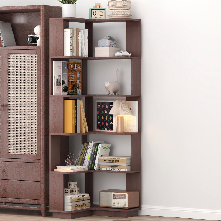 6 Tier Freestanding L Shaped Corner Bookshelf For Living Room, Bedroom, Wooden Bookcase With Anti Drop Panle And Anti Tipping Device, Display Shelf Open Storage Rack Organizer For Home Office Dark