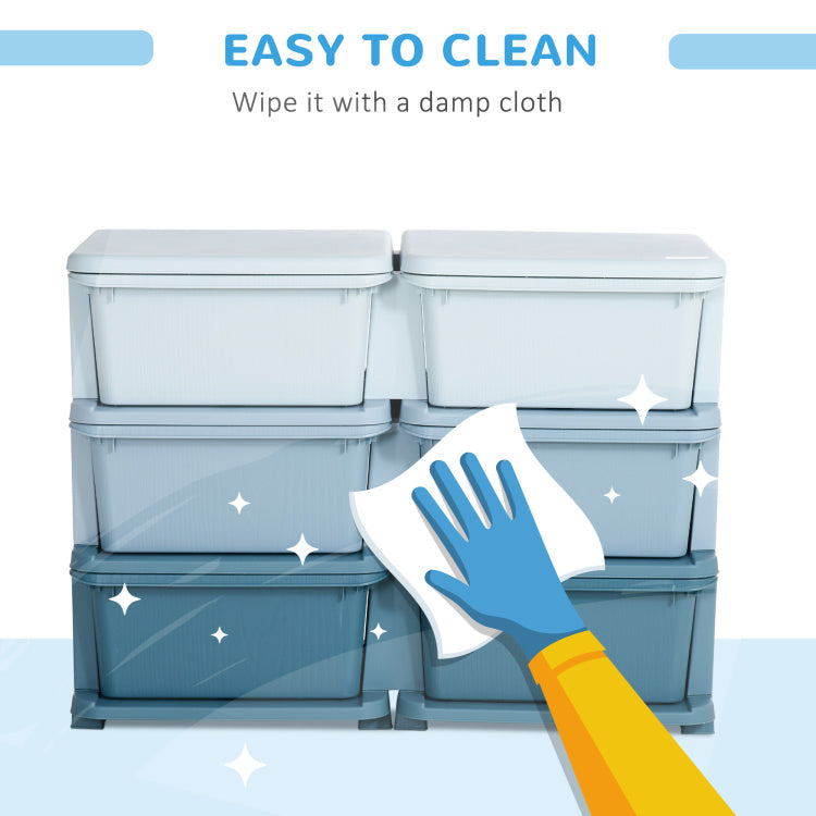 Qaba 3 Tier Kids Storage Unit, 6 Drawer Chest Toy Organizer Plastic Bins For Kids Bedroom Nursery Kindergarten Living Room For Boys Girls Toddlers, Blue