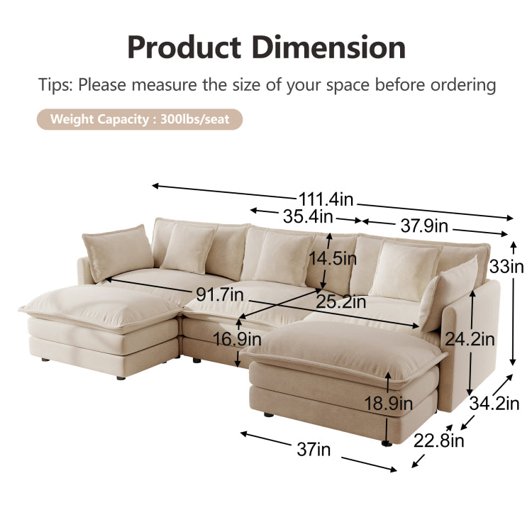 U Shaped Sectional Sofa W Reversible Footrest, 5 Seater Convertible Corner Couch With 2 Ottomans ,Modern Minimalist Soft Sofa & Couch For Living Room , Light Coffee Chenille