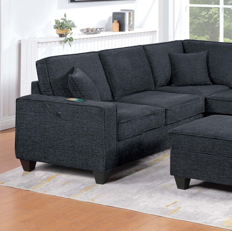 Slate Black Finish Contemporary Style 5Pc Sectional Set Left Arm Loveseat With Usb Port Corner Wedges Ottoman Armless Chairs Right Arm Loveseat With Chaise Primary Living Room