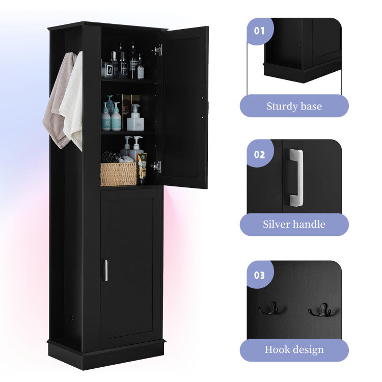 Tall Bathroom Storage Cabinet, Freestanding Storage Cabinet With Hook And Adjustable Shelf, Mdf Board, Black