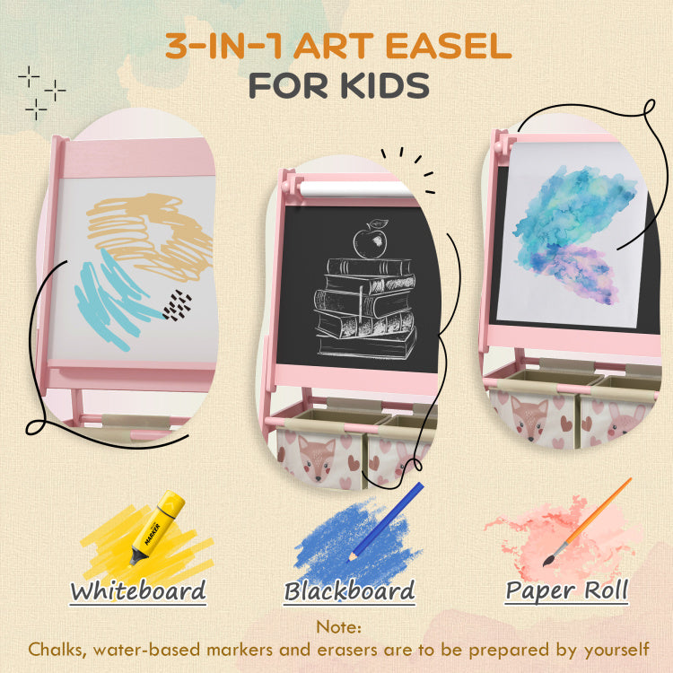 Qaba Art Easel For Kids With Paper Roll, 3 In 1 Toddler Painting Easel With Blackboard, Whiteboard, Storage Baskets, Pink
