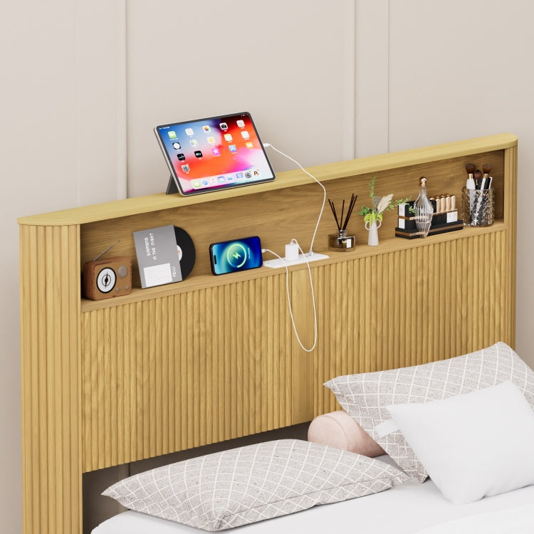 Queen Size Bed Frame With Storage Headboard, Built In Charging Station, Wavy Curved Lines Design, Silent Operation, Metal Support, Natural