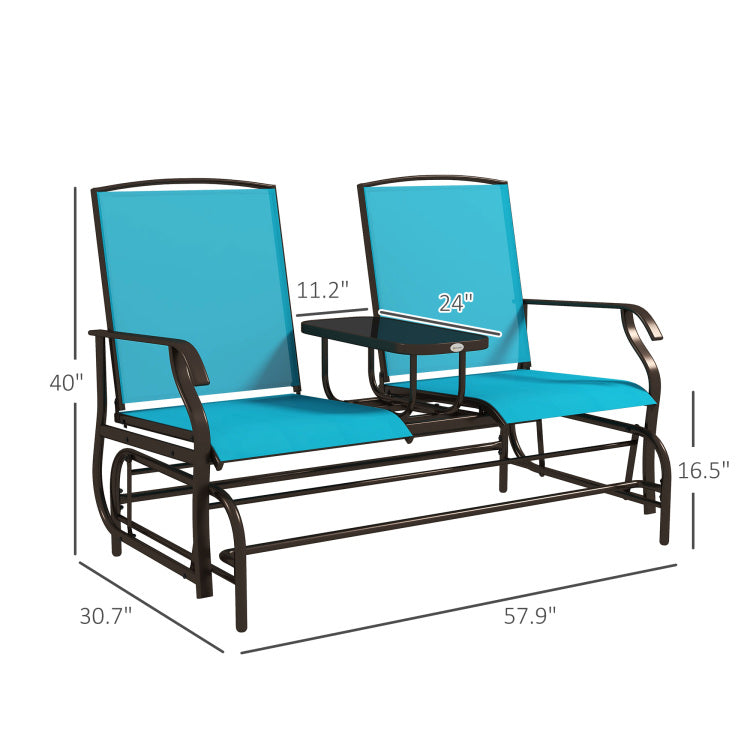 Outsunny Outdoor Glider Bench With Center Table, Metal Frame Patio Loveseat With Mesh Fabric And Armrests For Backyard Garden Porch, Blue