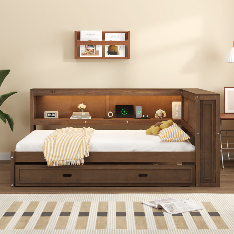 Full Size Wood Daybed With Storage Shelves, Usb, Led, And Trundle, Antique Wood Color